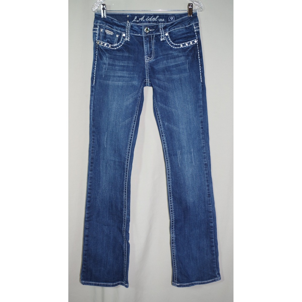 LA Idol USA Women Bootcut Jeans Size 9 Medium Wash Rhinestone Embroidered